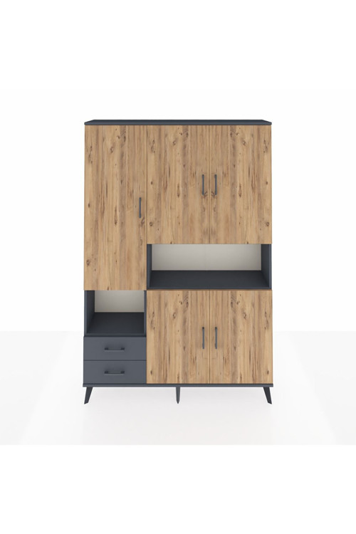 Arges Dolap 10 Raflı 2 Çekmeceli 5 Kapaklı 132x30x195 Antrasit-Çam/Antrasit