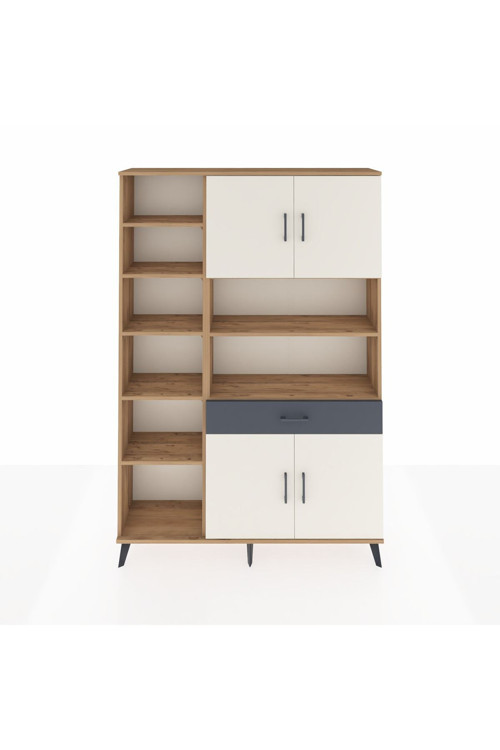 Arges Dolap 10 Raflı Tek Çekmeceli 4 Kapaklı 132x30x195 Çam-Aytaşı/Antrasit