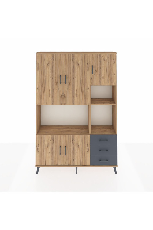 Arges Dolap 9 Raflı 3 Çekmeceli 5 Kapaklı 132x30x195 Çam-Çam/Antrasit