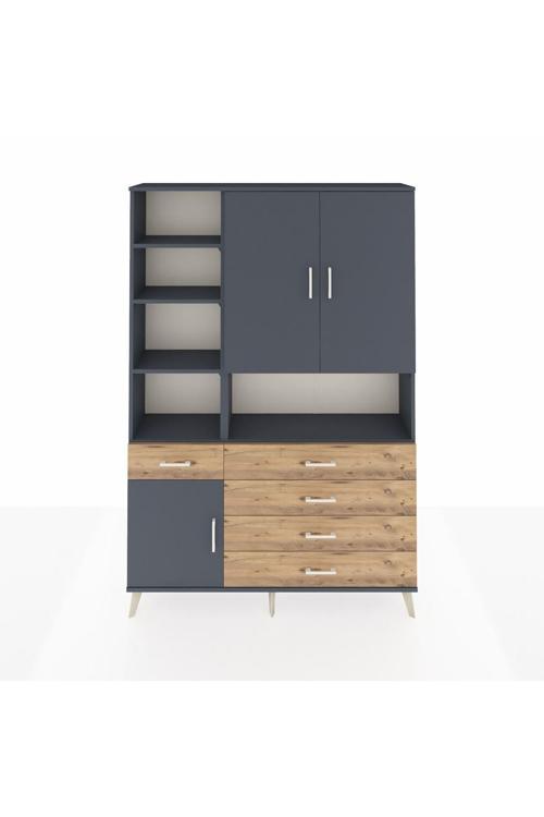 Arges Dolap 8 Raflı 5 Çekmeceli 3 Kapaklı 132x30x195 Antrasit-Antrasit/Çam