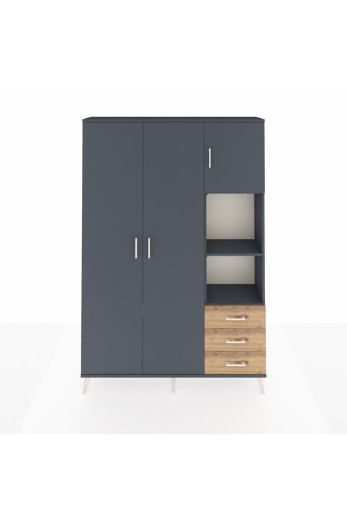 Arges Dolap 5 Raflı 3 Çekmeceli 1 Askılı 132 x 30 x 195 cm Antrasit - Antrasit - Çam