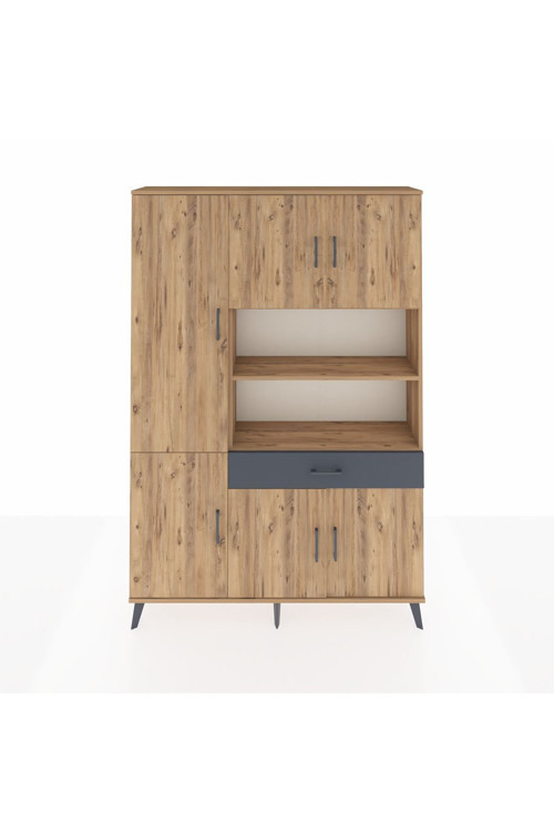 Arges Dolap 10 Raflı Tek Çekmeceli 6 Kapaklı 132x30x195 Çam-Çam/Antrasit