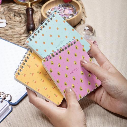 10x10 cm 3'lü Meyve Desenli Karton Kapaklı Spiralli Cep Defteri Bloknot Not Defteri