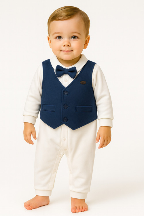 Erkek Bebek Tulum Keten Yelekli Papyonlu 3-18 Aylık