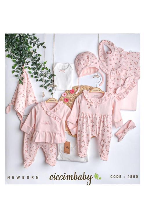 Yenidoğan 10’Lu Kız Bebek Seti - Pembe Çiçekli Fırfırlı Organik Hastane Takımı 0-1 Aylık