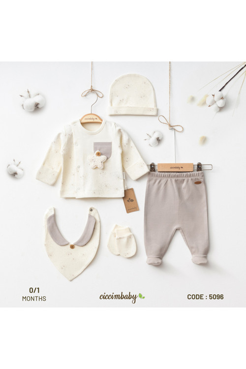 Yenidoğan Bebek Set 5’Li Pamuklu Zıbın Takımı Şapkalı 0-1 Aylık