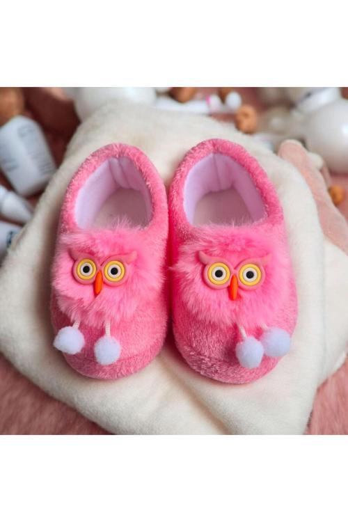 Kız Çocuk Hayvan Figürlü Pembe Panduf Kışlık Yumuşak Peluş Ev Ayakkabısı