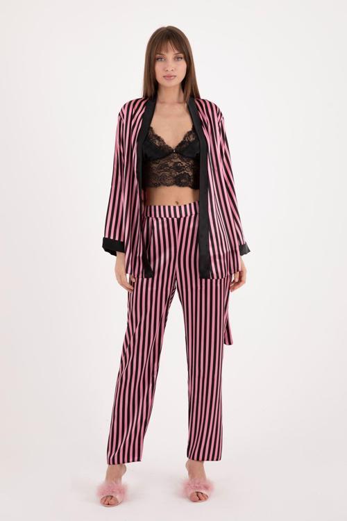 Kadın Üçlü Çizgili Sabahlıklı Pembe Saten Çeyizlik Pijama Takımı