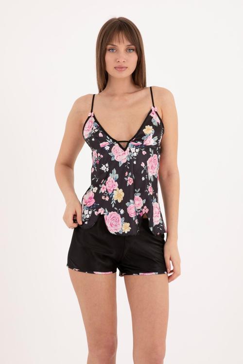 Çiçekli Siyah İp Askılı Kolsuz Saten Şortlu Pijama Takımı