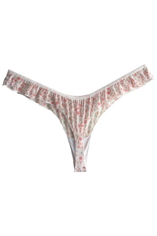 Krem Çiçek Desenli Tül Kenarları Fırfırlı Tanga Külot