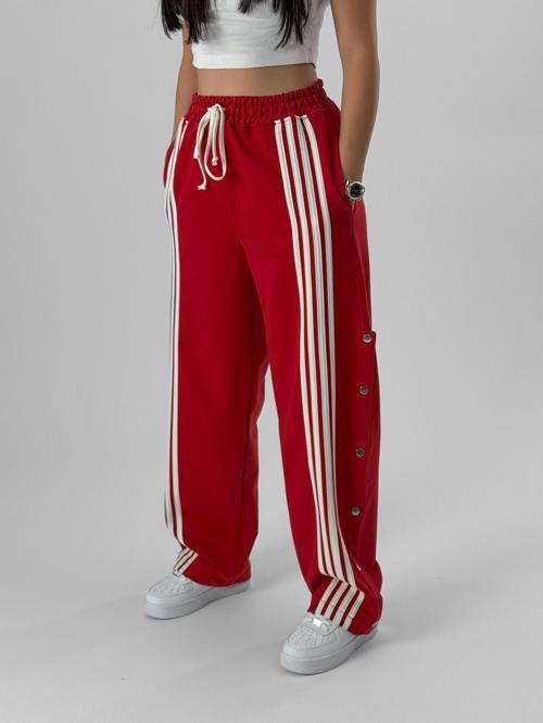 Kadın Şeritli Kırmızı Baggy Pantolon COC1080