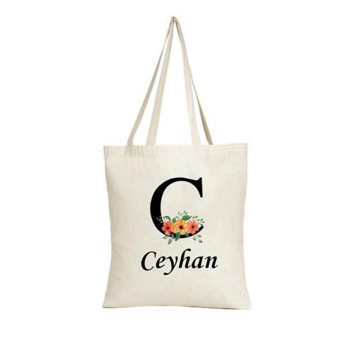 Kişiye Özel Çiçek Desenli Harf & İsim Bez Çanta – Doğal Kumaş Şık Hediye