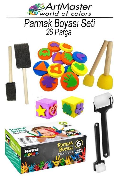Parmak Boyası Seti 26 Parça 1 Paket Ponpon Sünger Tampon Fırça Küp Eva Baskı Sünger Rulo Nova Color Parmak Boya Baskı
