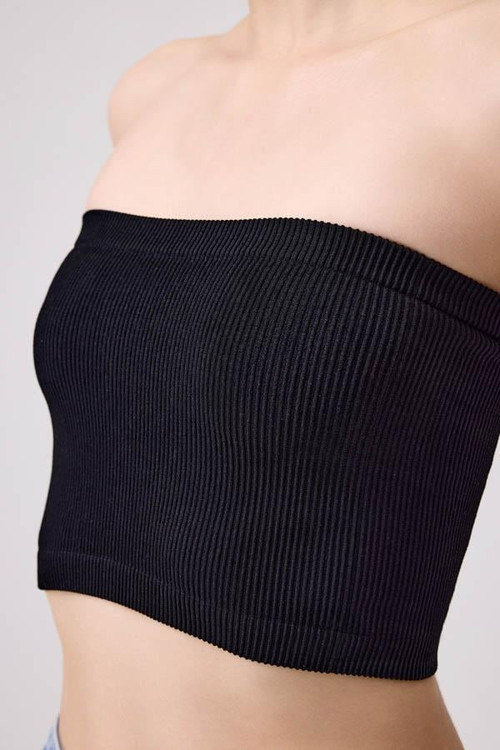 Premium - Kadın Siyah Seamless Straplez Crop Top Büstiyer