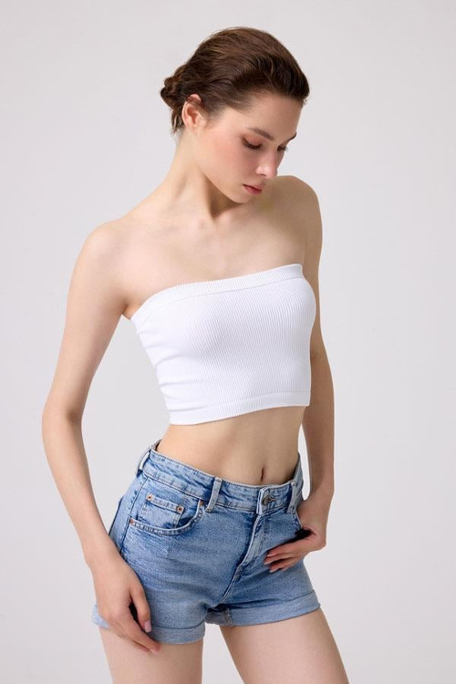 Premium - Kadın Beyaz Seamless Straplez Crop Top Büstiyer
