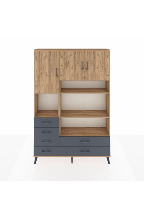 Arges Dolap 9 Raflı 6 Çekmeceli 3 Kapaklı 132 x 30 x 195 Çam-Çam/Antrasit