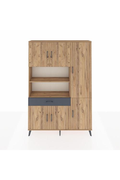 Arges Dolap 10 Raflı Tek Çekmeceli 6 Kapaklı 132 x 30 x 195 Çam-Çam/Antrasit