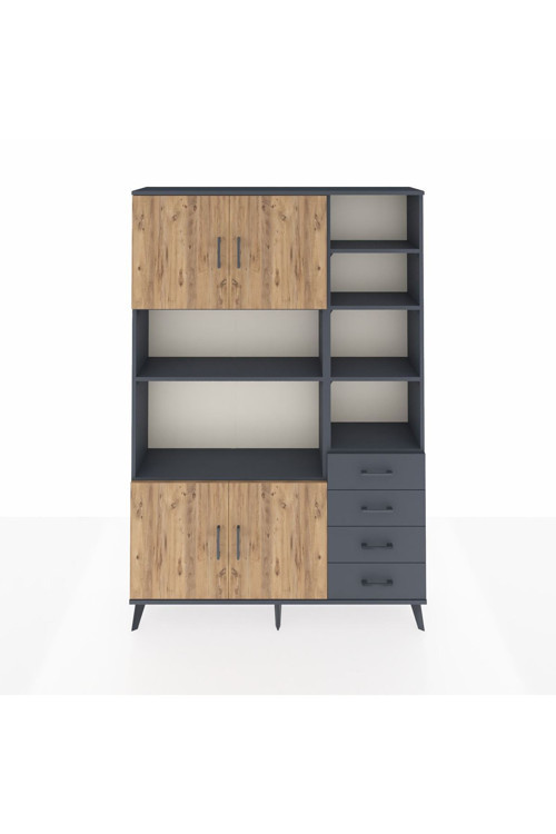 Arges Dolap 9 Raflı 4 Çekmeceli 4 Kapaklı 132 x 30 x 195 Antrasit-Çam/Antrasit