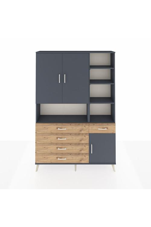 Arges Dolap 8 Raflı 5 Çekmeceli 3 Kapaklı 132 x 30 x 195 Antrasit-Antrasit/Çam