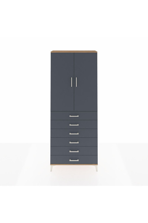 Arges Dolap 2 Raflı 6 Çekmeceli 2 Kapaklı 88 x 30 x 221 cm Çam - Antrasit