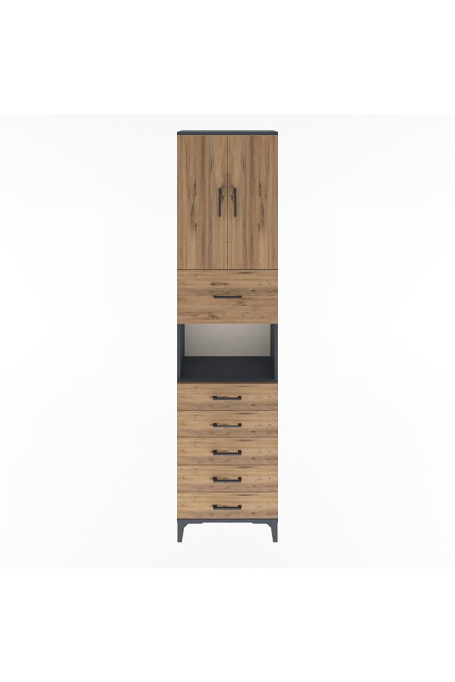 Arges Dolap 3 Raflı 6 Çekmeceli 2 Kapaklı 60 x 30 x 243 Antrasit-Çam