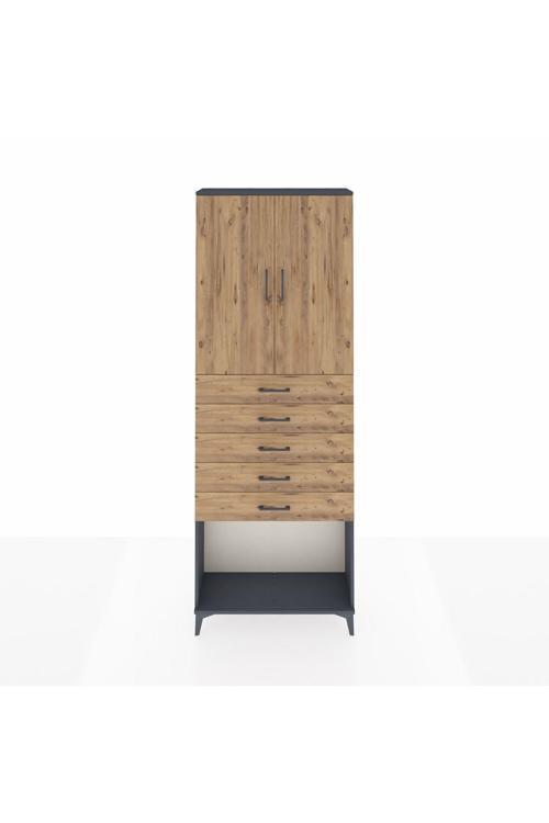 Arges Dolap 3 Raflı 5 Çekmeceli 2 Kapaklı 88 x 30 x 243 cm Antrasit - Çam