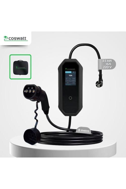 Taşınabilir Elektrikli Araç Şarj Cihazı 16A 3,5Kw Monofaze 8 Metre Kablo (Türkçe Menü)