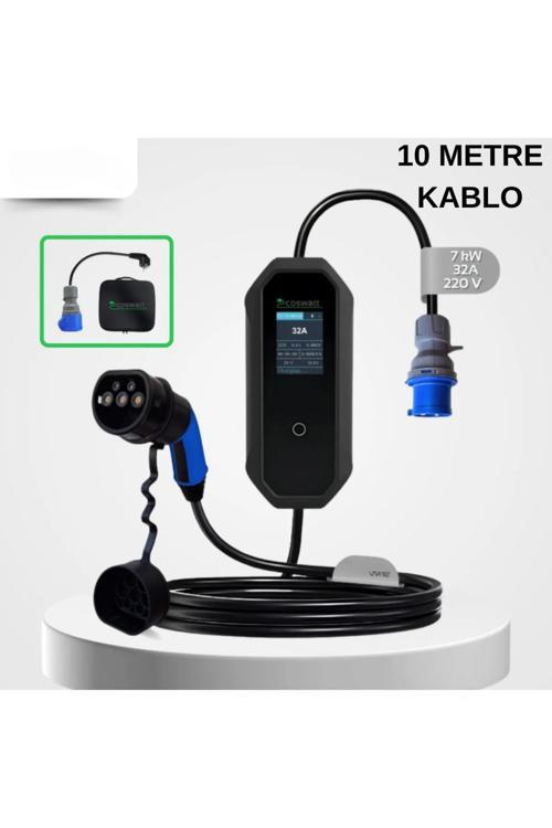 Elektrikli Araç Taşınabilir Şarj Istasyonu 7 Kw 32A Tip-2 3X32A Türkçe Menü(10Metre Kablolu)
