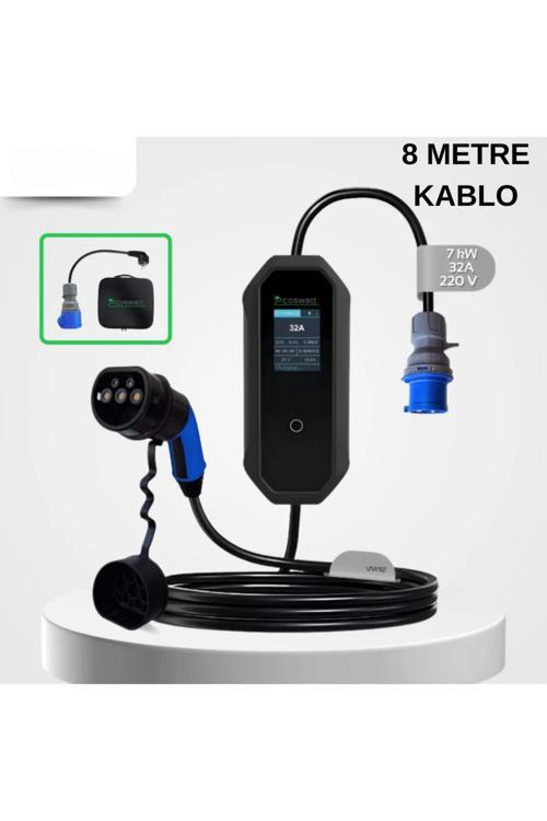 Elektrikli Araç Taşınabilir Şarj Istasyonu 7 Kw 32A Tip-2 3X32A Türkçe Menü(8 Metre Kablolu)