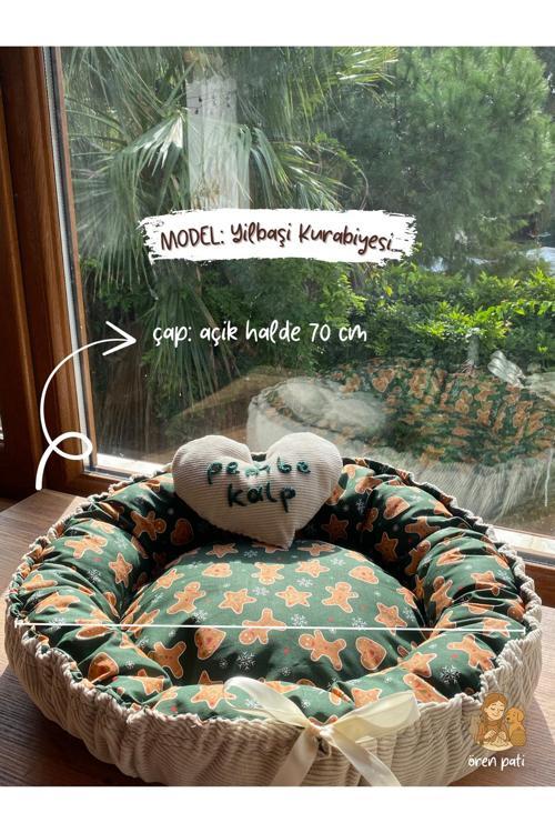 Yılbaşı Temalı İsme Özel Yastıklı Peluş (70 Cm) Büyük Boy Kedi Köpek Yatağı Yuvarlak Büzgülü Yatak