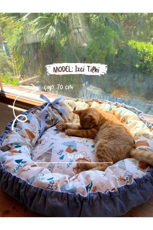Kişiselleştirilebilir Yastıklı Kedi Köpek Yatağı 60 Cm Yuvarlak Büzgülü Peluş Yumuşak Yatak