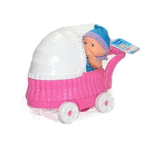 Oyuncak Bebek Arabası ve Bebek – 22 cm Arabalı Puset, 20 cm Bebek, Renkli Kıyafetli Mini Bebek Seti