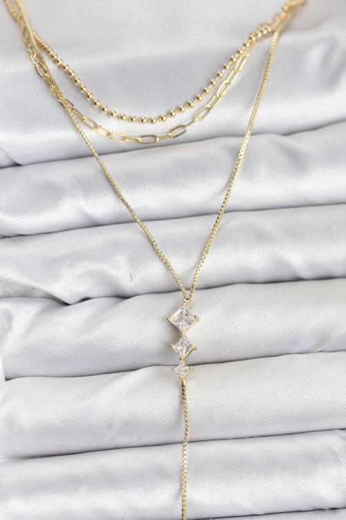 Pirinç Gold Renk Zirkon Taş Detaylı 3'lü Kombin Y Kadın Kolye - EBJ251115W38424