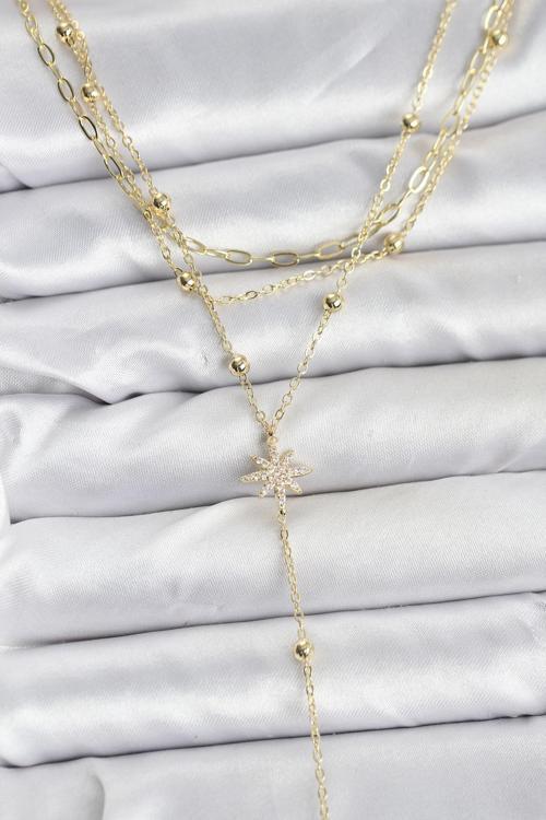 Pirinç Gold Renk Kutup Yıldızı Detaylı 3'lü Kombin Kadın Kolye - EBJ251115W38422