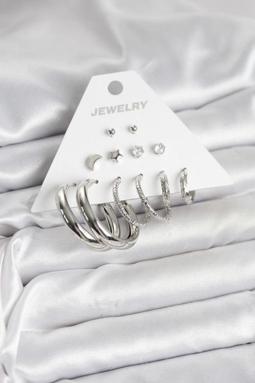 Pirinç Gümüş Renk Halka Modelli 6 Çift Kadın Küpe - EBJ251025W38260
