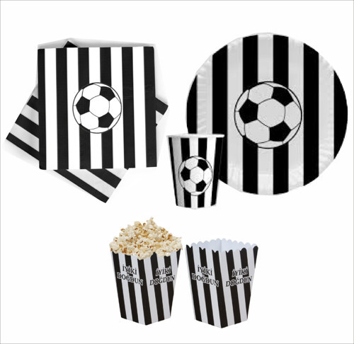 Taraftar Siyah Beyaz 8 Tabak, 8 Bardak, 10 Peçete, 8 Mısır Kutusu