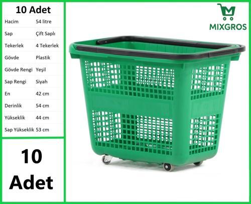 Tekerlekli Plastik Market Alışveriş El Sepeti 54 Litre Yeşil 10 Adet