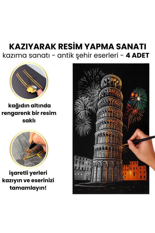 Kazıma Çizim Seti – Antik Şehir Eserleri 4 Adet | Hediyelik Hobi Seti - Kazıma Kağıdı A3