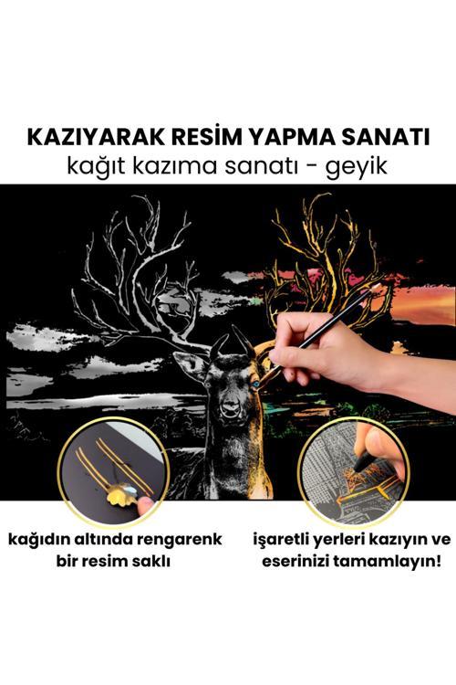 Kazıma Sanatı Hobi Seti – Geyik Scratch Art Çizim Tablosu, Hediyelik Hobi Kiti - Kalem Dahil, A3