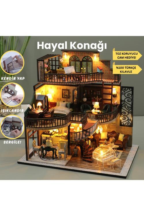 Kendin Yap Villa Maketi|Hobi Seti| Led Işıklı Ahşap Minyatür Maket Ve Toz Koruma Camı