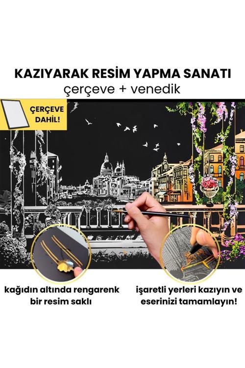 Kazıyarak Çizim Yapma Seti | Venedik Gökkuşağı Kazıma Kağıdı | Hobi Seti, Tablo Ve Kalem Dahil