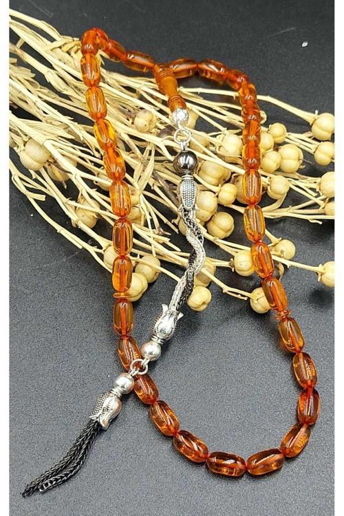 Turuncu Şeffaf Alpaka Püskül Ateş Kehribar Tespih (AHŞAP KUTULU)