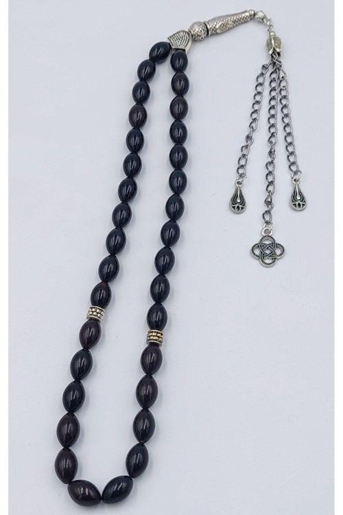 Siyah Alpaka Püsküllü Arpa Kesim Ateş Kehribar Tespih (AHŞAP KUTULU)