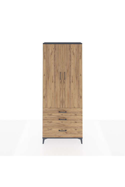 Arges Dolap 2 Raflı 3 Çekmeceli Tek Askılı 88x30x221 Antrasit-Çam