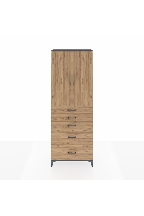 Arges Dolap 3 Raflı 5 Çekmeceli 2 Kapaklı 88x30x243 Antrasit-Çam