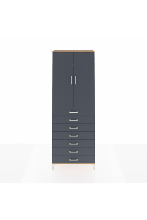 Arges Dolap 3 Raflı 7 Çekmeceli 2 Kapaklı 88x30x243 Çam-Antrasit