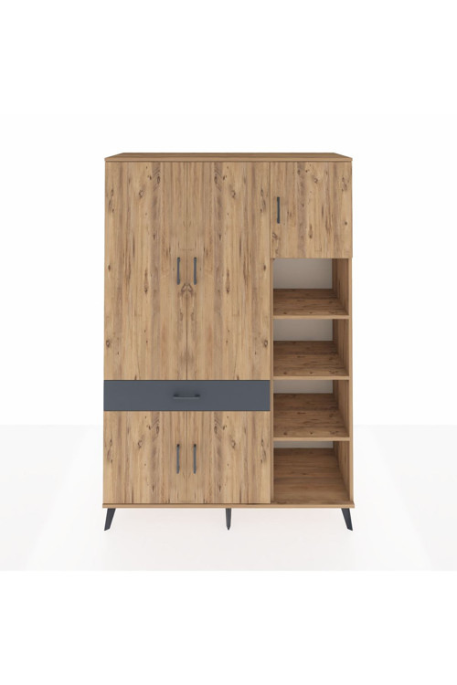 Hyperion Dolap 10 Raflı 1 Çekmeceli 5 Kapaklı 132 x 44 x 195 cm Çam - Çam - Antrasit