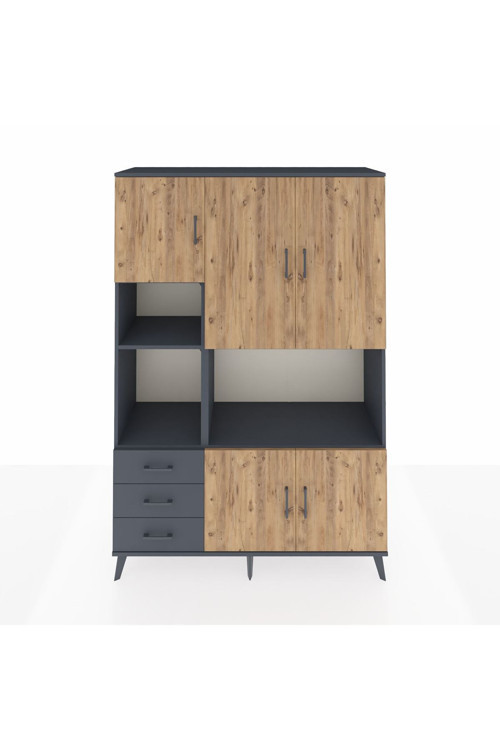 Hyperion Dolap 9 Raflı 3 Çekmeceli 5 Kapaklı 132 x 44 x 195 cm Antrasit - Çam - Antrasit