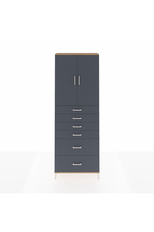 Arges Dolap 3 Raflı 6 Çekmeceli 2 Kapaklı 88x30x243 Çam-Antrasit