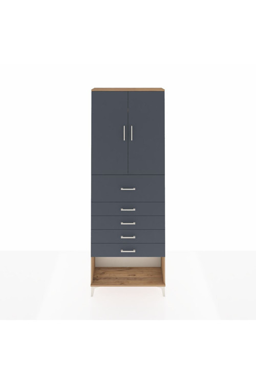 Arges Dolap 3 Raflı 5 Çekmeceli 2 Kapaklı 88x30x243 Çam-Antrasit